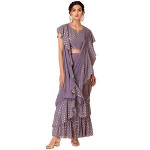 NEW Light Purple Foil Print Pre-Stitched Saree (Without Blouse) Size Small
